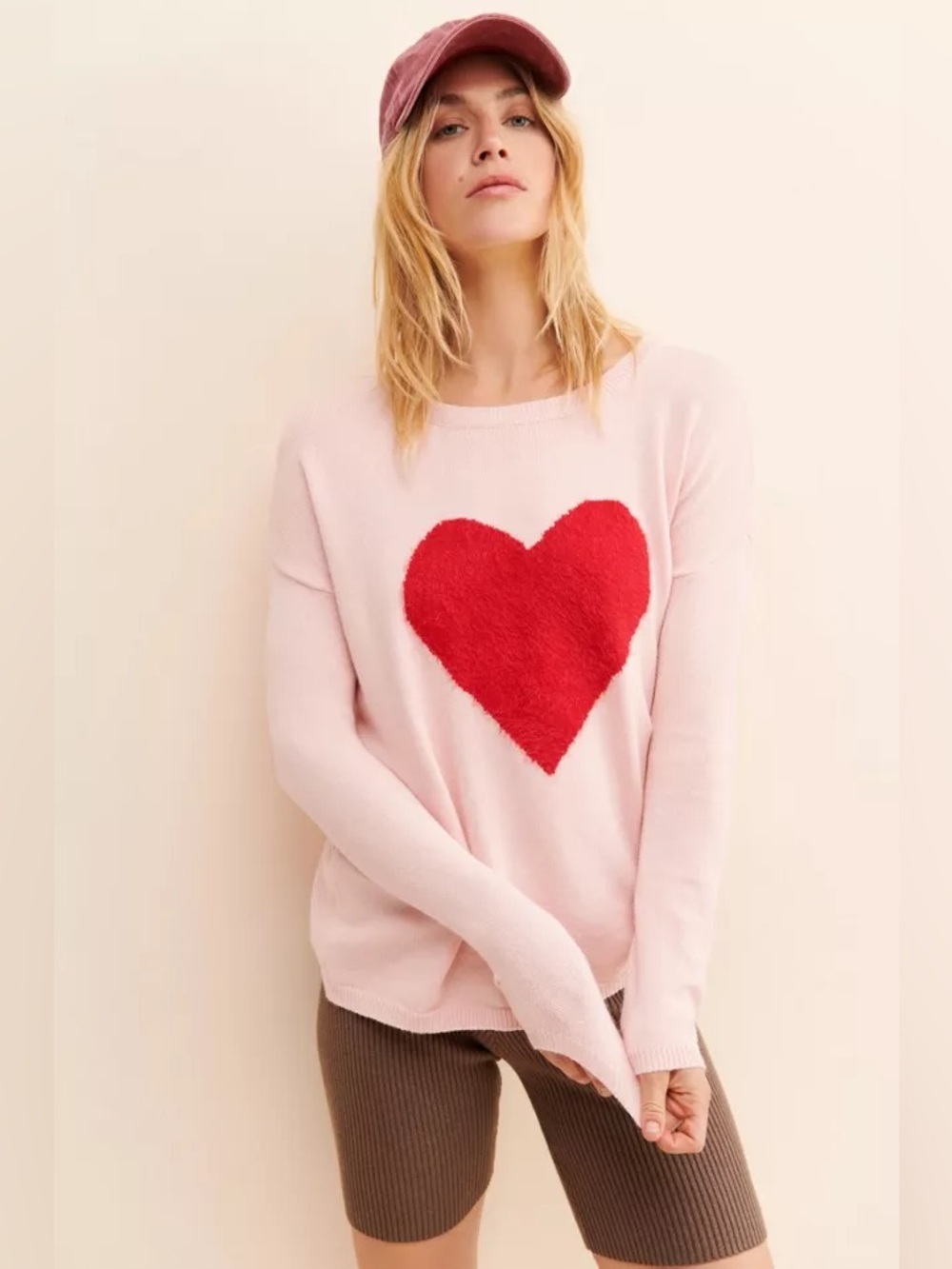 Molly Bracken Pink Red Heart Knit Sweater Size S